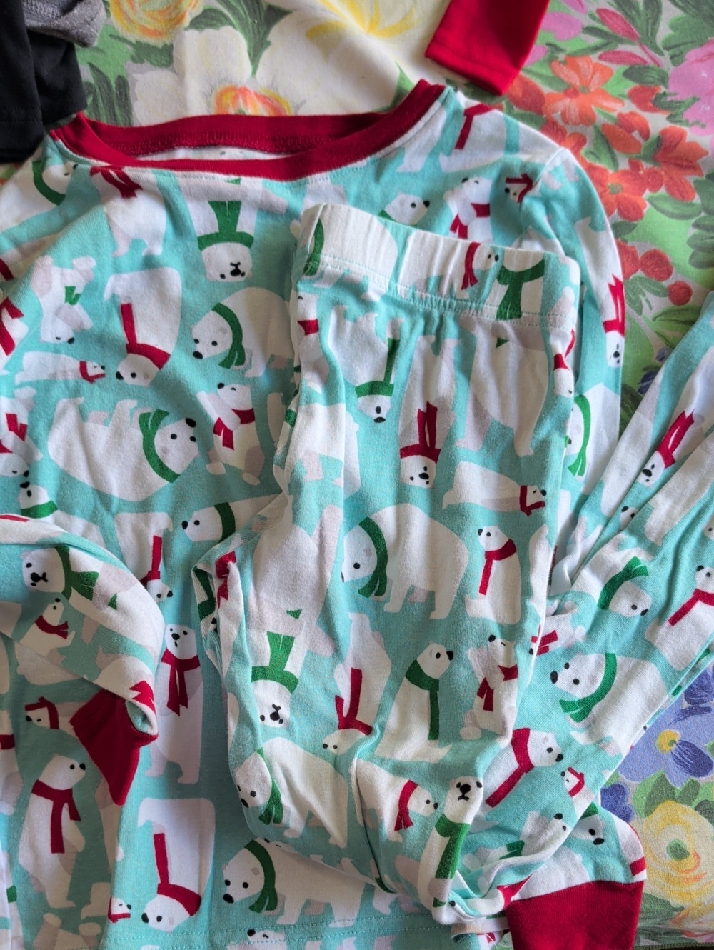Kids Polar Bear Print Pajama Set - Mint with Red Accents